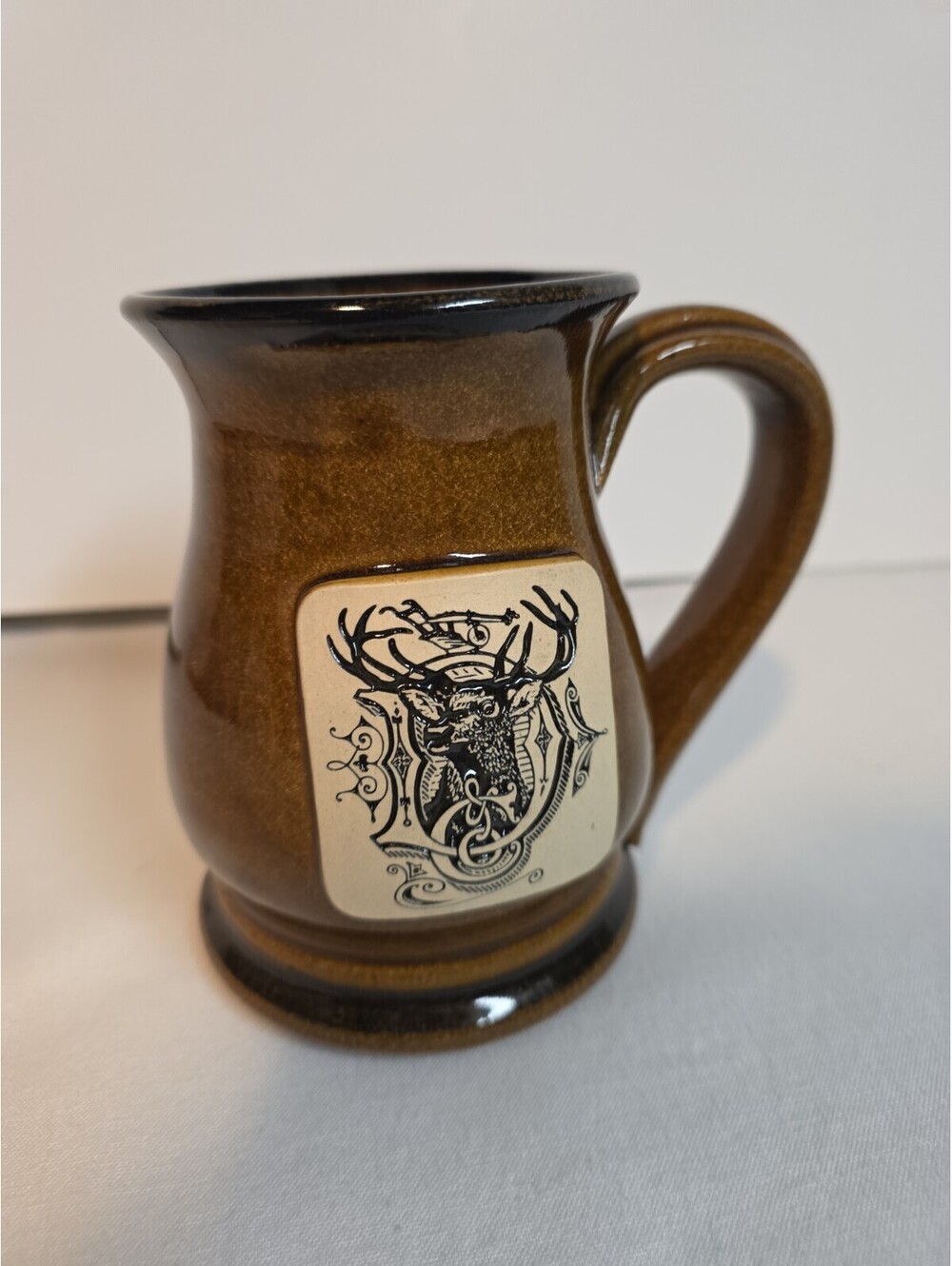 Vintage John Deere 1882 Trademark Mug Handcrafted Brown Stoneware Stag Letter D